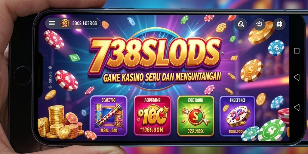 Tampilan gameplay 738SLOTS dengan warna cerah dan fitur menarik.