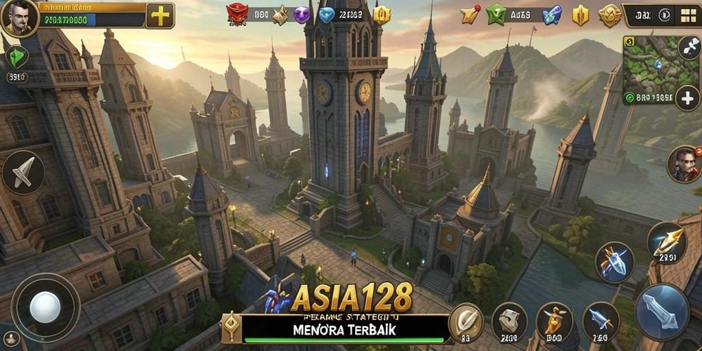 Tangkapan layar dari gameplay ASIA128 yang menunjukkan pertempuran Tower Defense.
