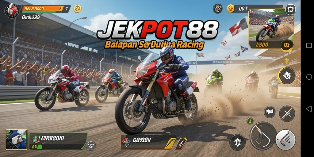 Screenshot gameplay JEKPOT88 yang menunjukkan momen seru balapan.