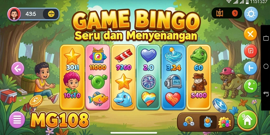 Tangkapan layar utama MG108 menampilkan gameplay Bingo yang seru dan interaktif.