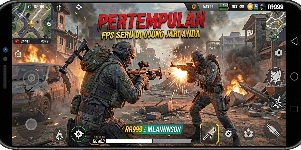 Tampilan screenshot menunjukkan aksi seru dalam game FPS RR999.