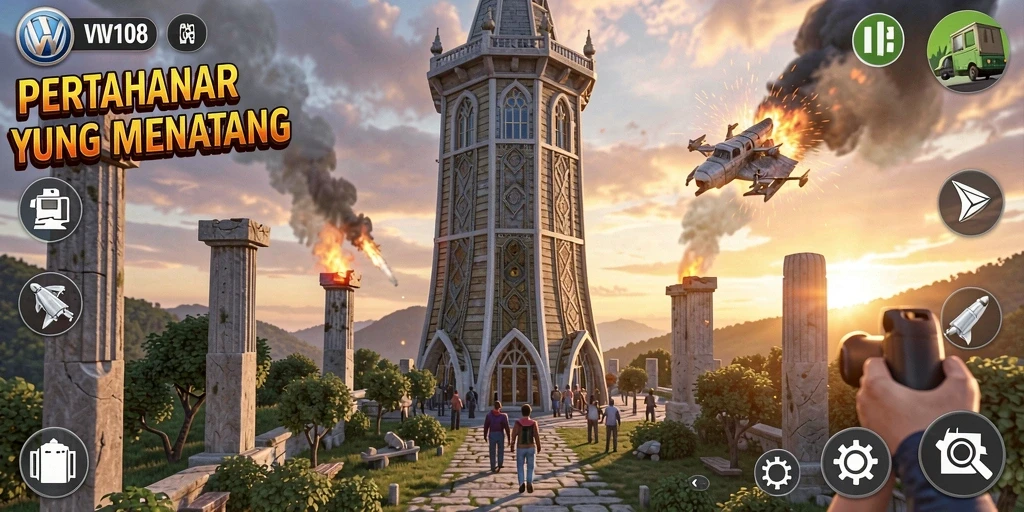 Tampilan gameplay VW108 yang penuh aksi dalam Tower Defense.