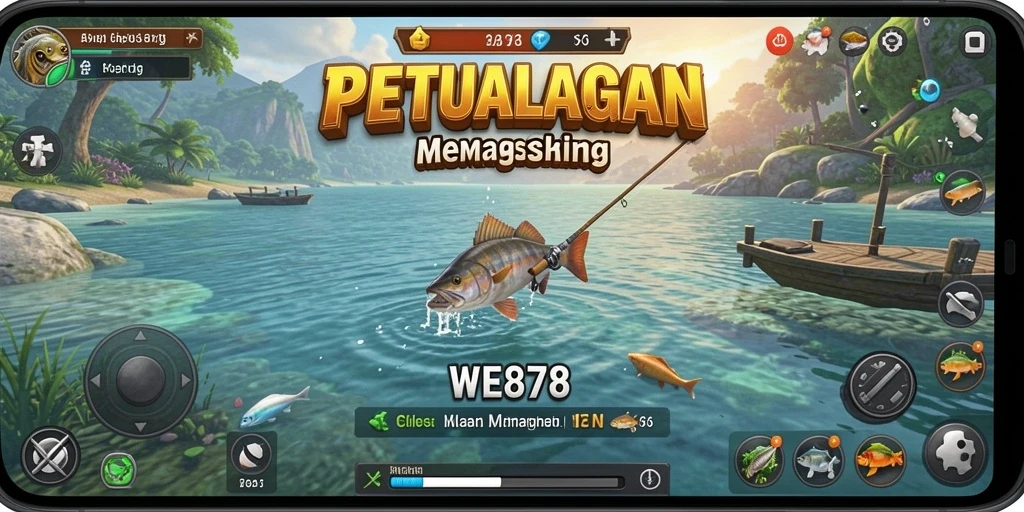 Screenshot gameplay WE878 menampilkan aksi memancing yang seru dan mendebarkan.